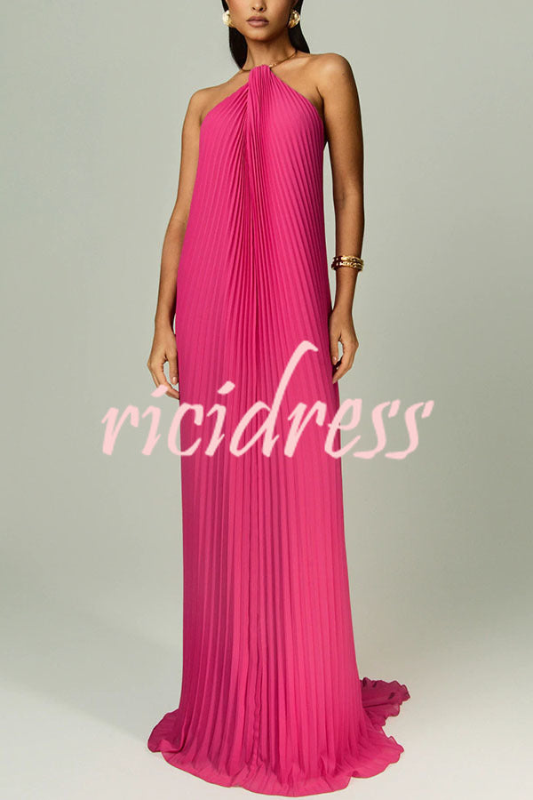 Coralie Pleated Metal Ring Halter Backless Loose Maxi Dress