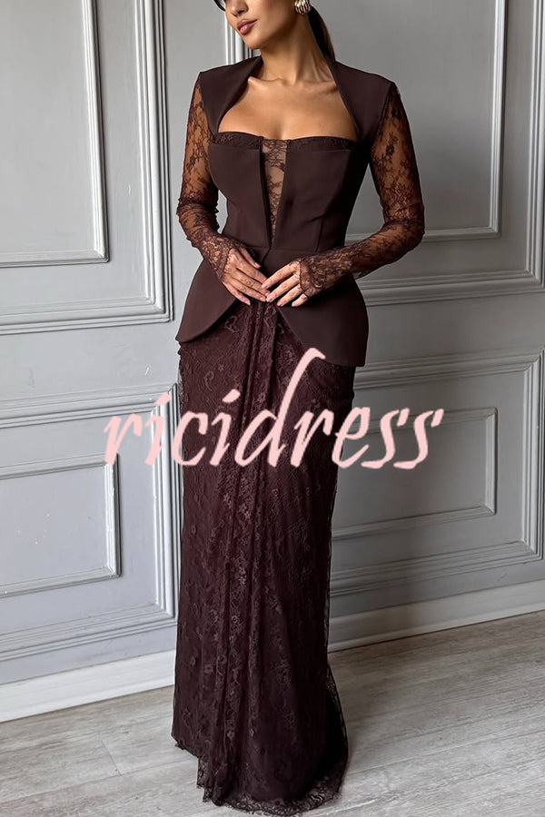 Belle Contrast Sheer Lace Fabric Patchwork Square Neck Long Sleeve Drape Maxi Dress