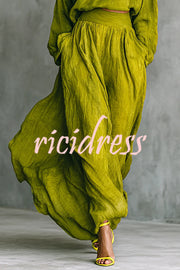 Linen Blend Solid Color Loose Long-sleeved Top and High-waisted Casual Pocket Maxi Skirt Set