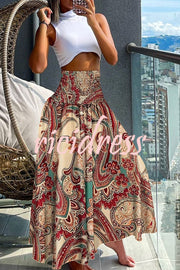 Unique Printed Pleated Elastic Waist Holiday Casual Maxi Skirt