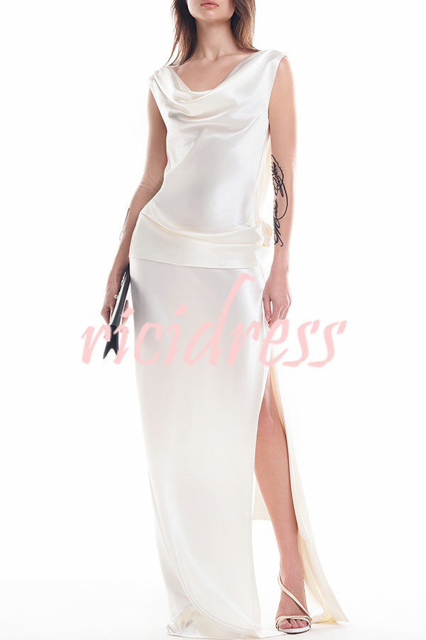 Darling Satin Cowl Neck 3D Rose Detail Backless Slit Drape Maxi Dress