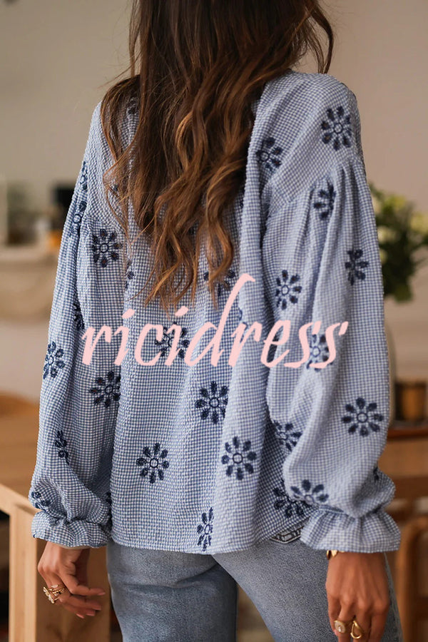 Fashionable Embroidered Floral Casual Long-Sleeved Loose Top