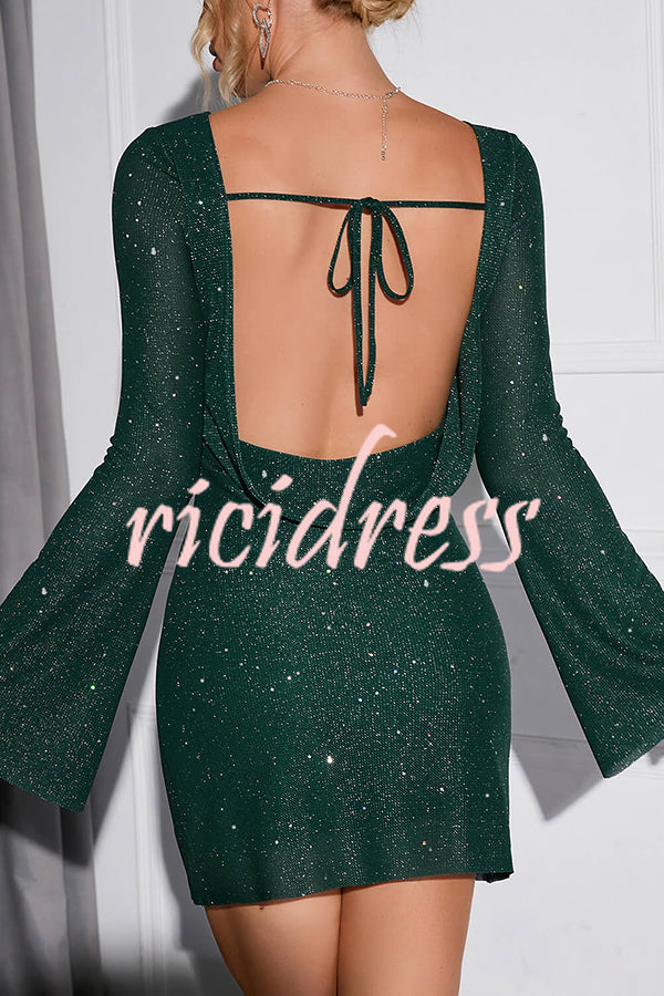 Solid Sequined Open Back Lace Up Mini Dress