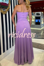 Lavender Scent Chiffon Ruched Strapless Removable Cape Maxi Dress