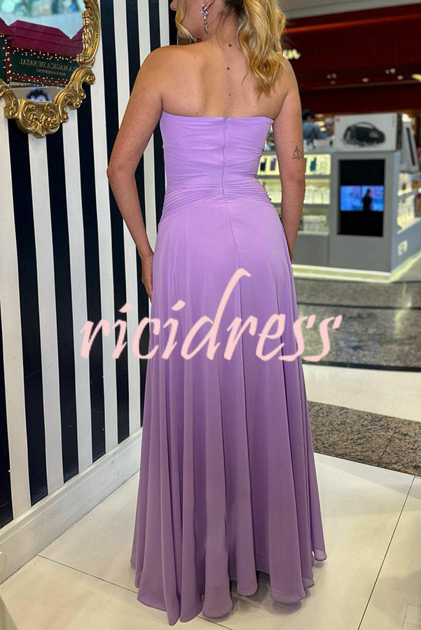 Lavender Scent Chiffon Ruched Strapless Removable Cape Maxi Dress