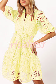 Solid Color Lace Cutout Balloon Sleeves and Waist Tie Mini Dress