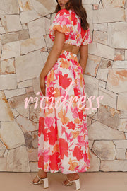 Surprising Floral Print V Neck Pleated Cutout Maxi Dress