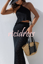 Solid Knit Hollow Halter Top and Stretch Fit Maxi Skirt Set