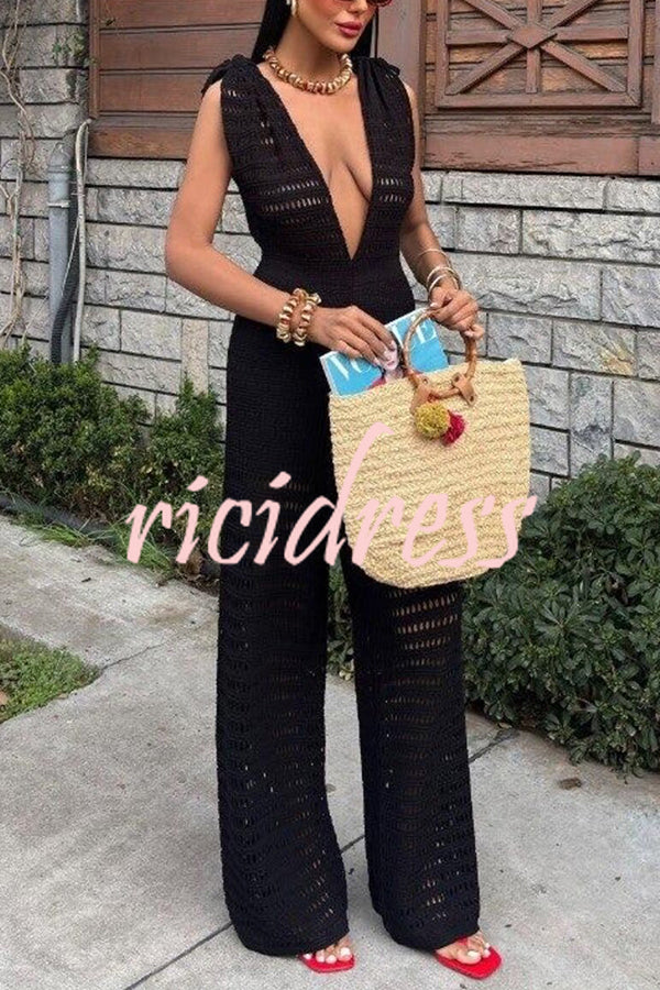 Solid Color Knitted V-neck Holiday Hollow Casual Jumpsuit
