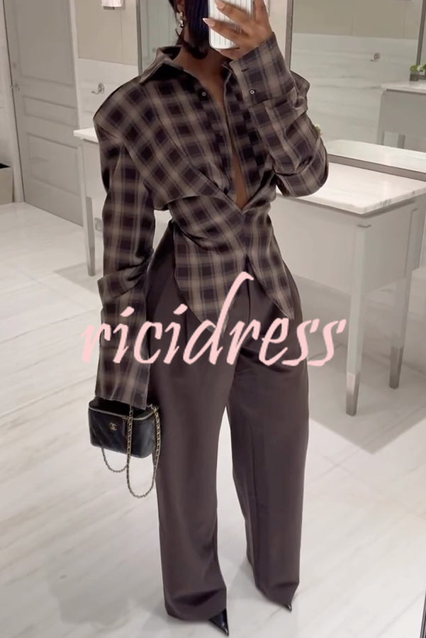 Vintage Plaid Shoulder Pad Buttons Long Sleeve Angled Hem Shirt