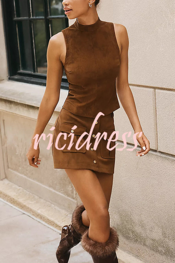 Autumn Atmosphere Faux Suede High Neck Zipper Tank and Button-Front Pocket Mini Skirt
