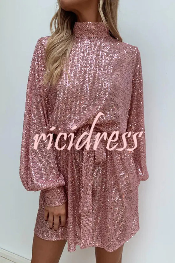 Fashionable Sequined Long-sleeved Belted Casual Mini Dress