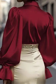 Solid Color Satin Puff Sleeve Casual Button-down Shirt