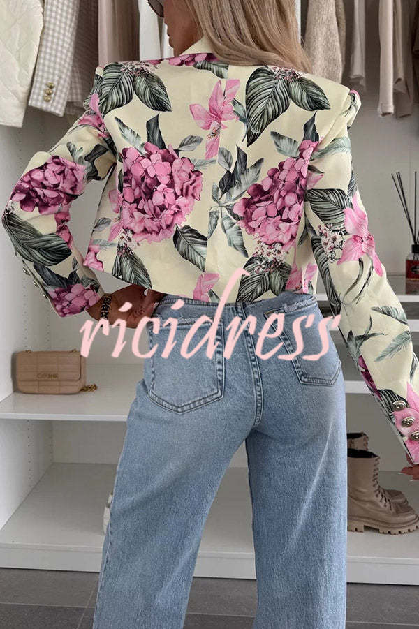 Picture Perfect Botanical Floral Print Long Sleeve Lapel Crop Blazer