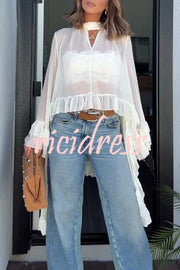 Flowy See-through Ruffle Tie-up Neck Bell Sleeve High-low Hem Cape Shirt