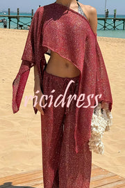 Vacation Knit Shiny Fabric Batwing Sleeve Cape Top and Cover-up Elastic Waist Loose Pants Set
