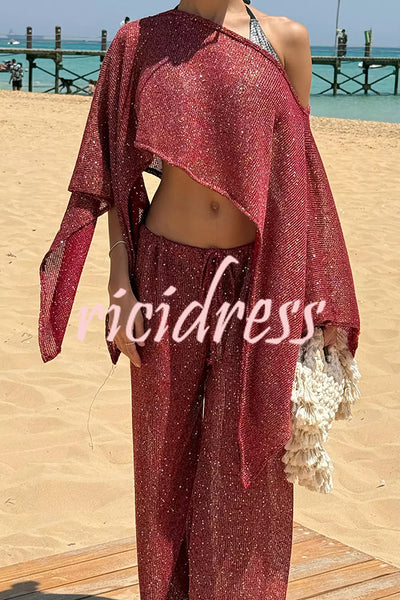 Vacation Knit Shiny Fabric Batwing Sleeve Cape Top and Cover-up Elastic Waist Loose Pants Set