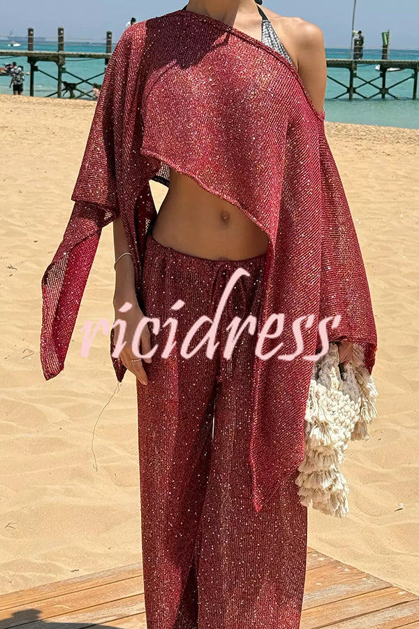 Vacation Knit Shiny Fabric Batwing Sleeve Cape Top and Cover-up Elastic Waist Loose Pants Set