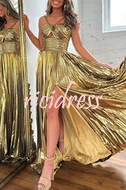 Queen Style Metallic Fabric Cross Neck Cutout Slit Pleated Maxi Dress