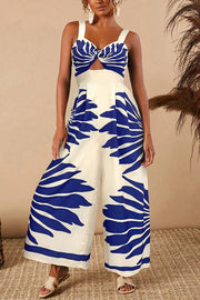 Unique Printed Open Back Pleated Casual Wide-leg Jumpsuit