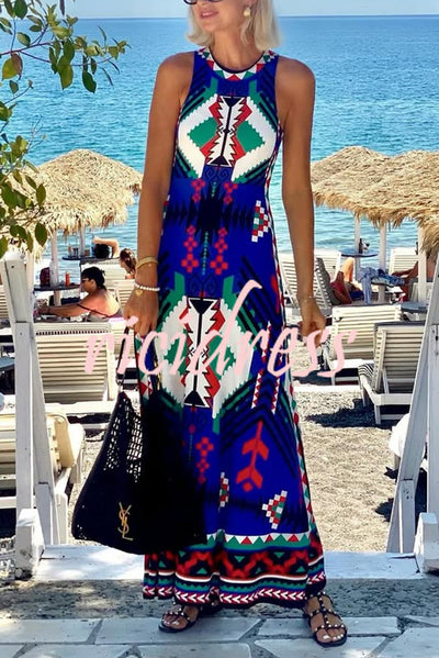 Unique Printed Round Neck Sleeveless Holiday Maxi Dress