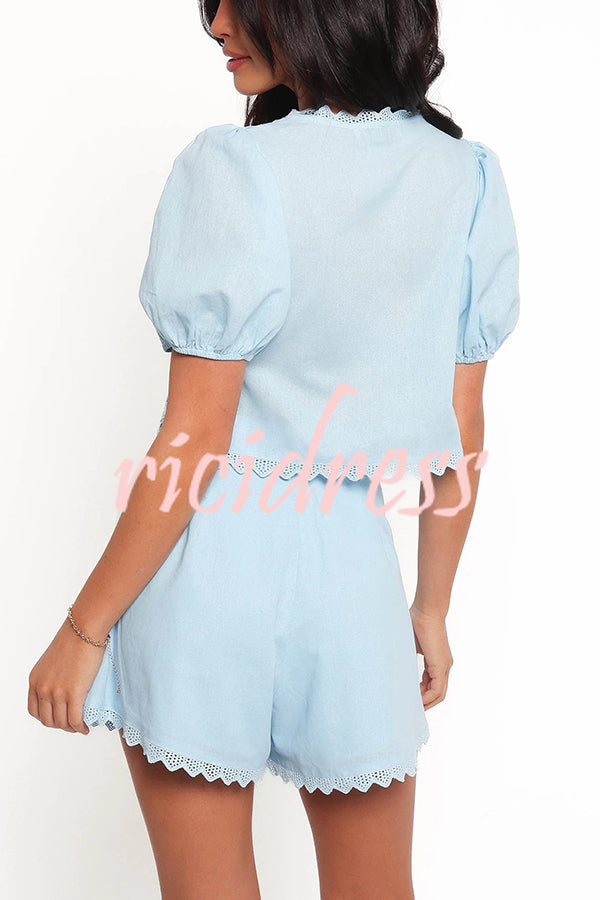 Fashionable V-neck Tie Puff Sleeve Top and Casual Pocket Shorts Set