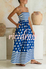 Striped Polka-dot Print Sling Pleated Open-back Maxi Dress