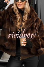 Winter Latte Gradient Print Ribbed Balloon Sleeve Hooded Loose Plush Coat