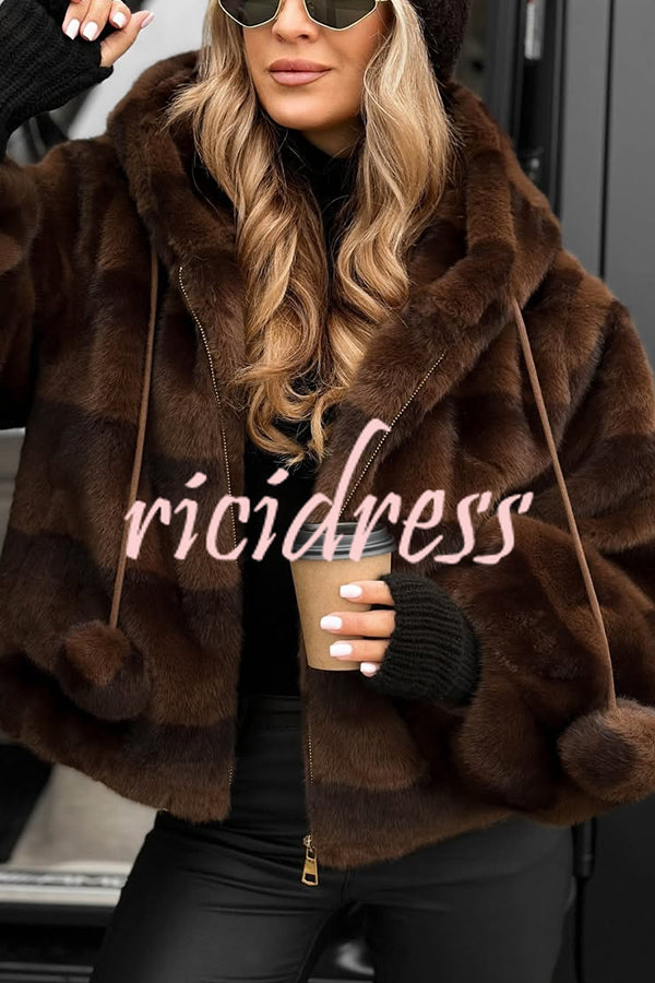Winter Latte Gradient Print Ribbed Balloon Sleeve Hooded Loose Plush Coat