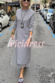 Jollie Knit Long Sleeve Front Slit Midi Sweater and Pleated Tulle Stretch Tank Midi Dress Two-piece Set