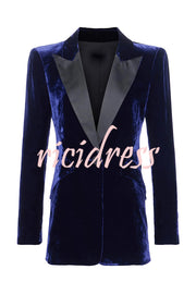 Bold Modern Velvet Contrast Satin Lapel Blazer and High Rise Pocket Shorts Set