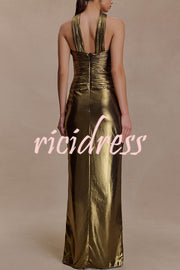 Clemence Plisse Metallic Fabric Reverse Halter Beck Strap Drape Slit Maxi Dress