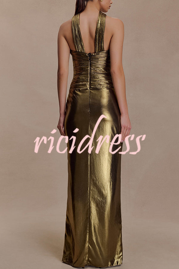 Clemence Plisse Metallic Fabric Reverse Halter Beck Strap Drape Slit Maxi Dress