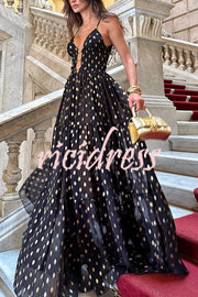 Charming View Chiffon Gold Polka Dot Print Cutout Lightweight Maxi Dress