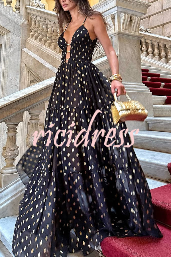 Charming View Chiffon Gold Polka Dot Print Cutout Lightweight Maxi Dress