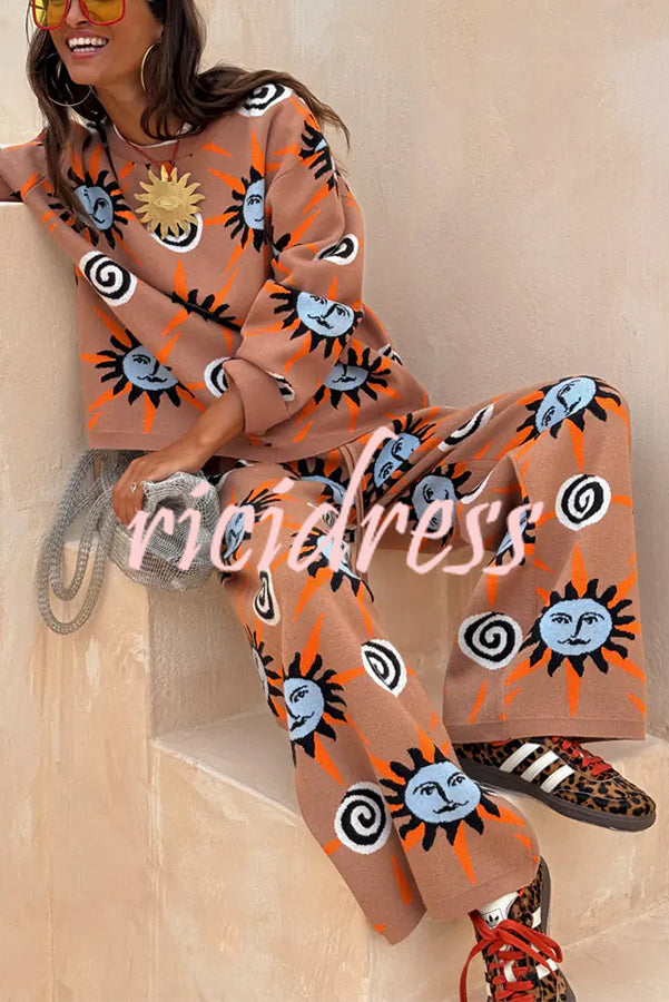 Mediterranean Art Knit Unique Sun Vortex Print Elastic Waist Wide Leg Pants