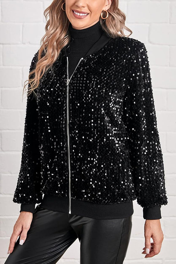 Fashionable Sequined Long-sleeved Zip-up Casual Jacket