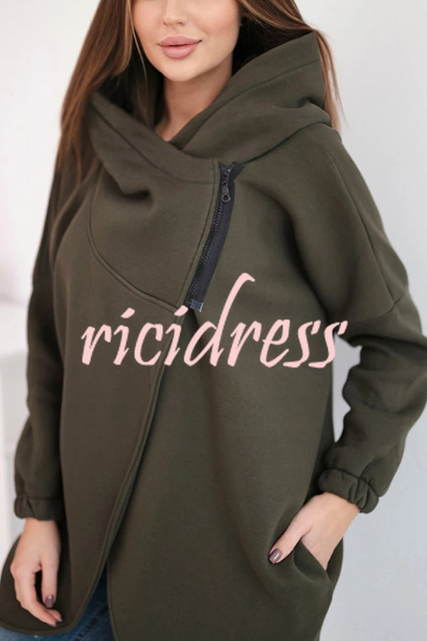 Solid Color Loose Hooded Zip-up Casual Sports Jacket