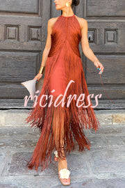 Fashion Sleeveless Halter Neck Elegant Tassel Slim Maxi Dress