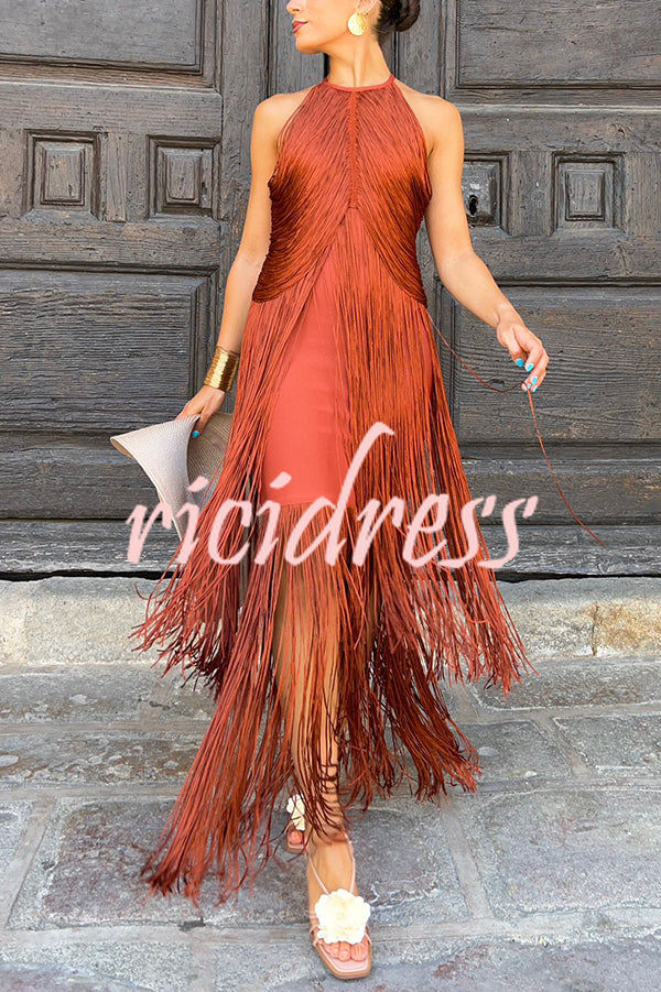 Fashion Sleeveless Halter Neck Elegant Tassel Slim Maxi Dress