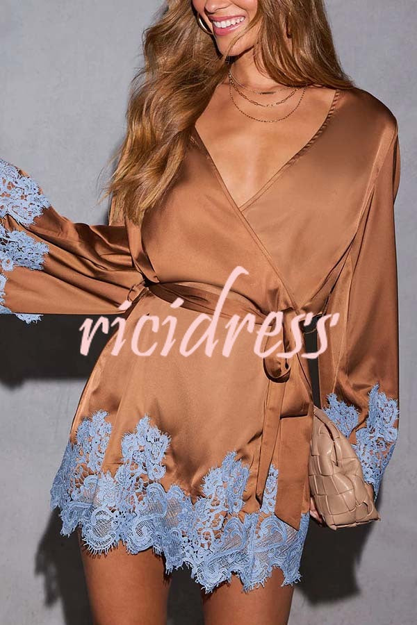Joyful Bond Satin Lace Trim Contrast Color Bell Sleeve Tie-up Kimono Mini Dress