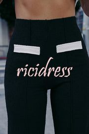 Fashion Contrast Color Stretch High Waist Casual Straight Pants