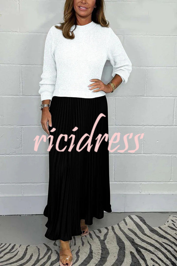 Stylish Knitted Round Neck Long Sleeve Patchwork Pleated Hem Maxi Dress