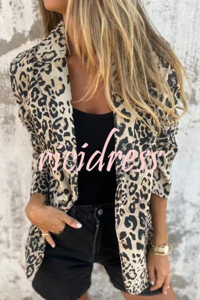 Leopard Print Lapel Long Sleeve Casual Blazer