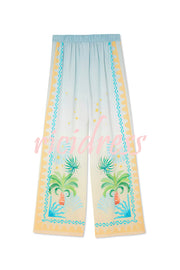 See You in Rio Tropical Fruits Print High Rise Elastic Waist Wide Leg Pants