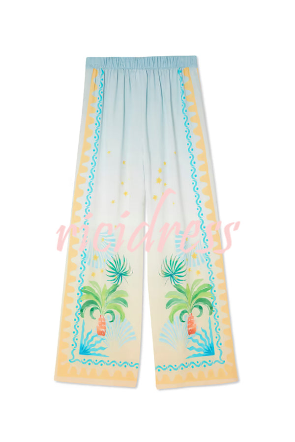 See You in Rio Tropical Fruits Print High Rise Elastic Waist Wide Leg Pants