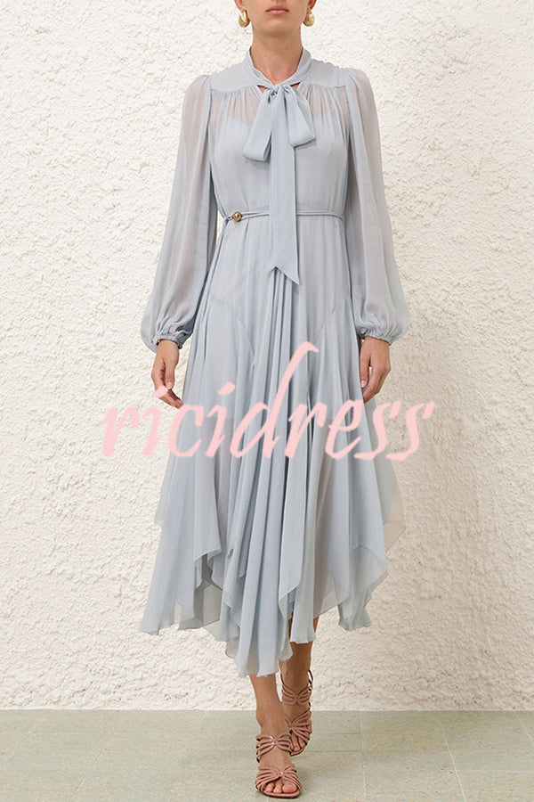 Elegant and Graceful Tie-up Neck Long Balloon Sleeve Handkerchief Midi Dress