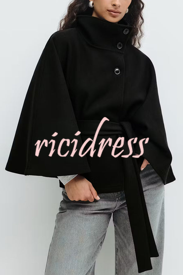 Fashionable Stand Collar Button Waist Tie Loose Cape