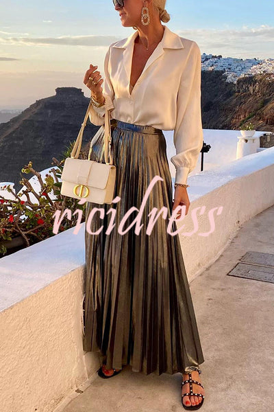 Fashionable Metallic Pleated Back Elastic Waist Maxi Skirt