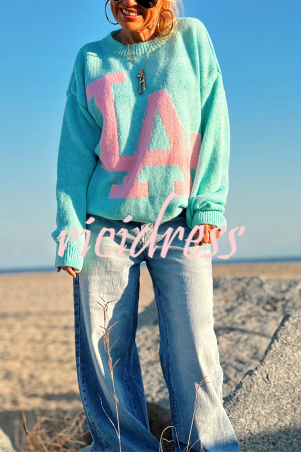 Letter Pattern Crew Neck Long Sleeve Loose Knit Sweater